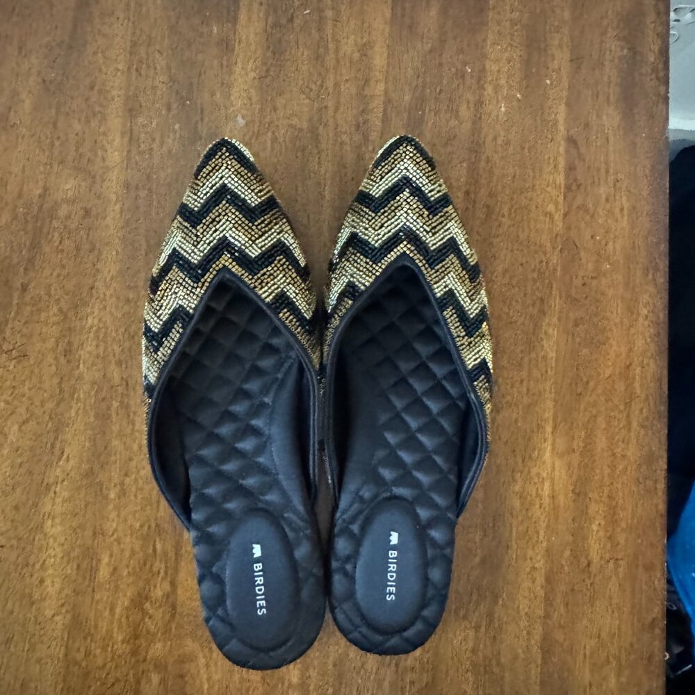 Birdies The Swan Beaded Art Deco Chevron Mule Flats in Black and Gold - Picture 7 of 9